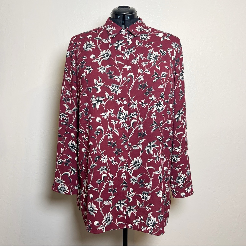 J.JILL Women’s Size XL Burgundy‎ Floral Pleated-Back Button Up Long Sleeve Tunic